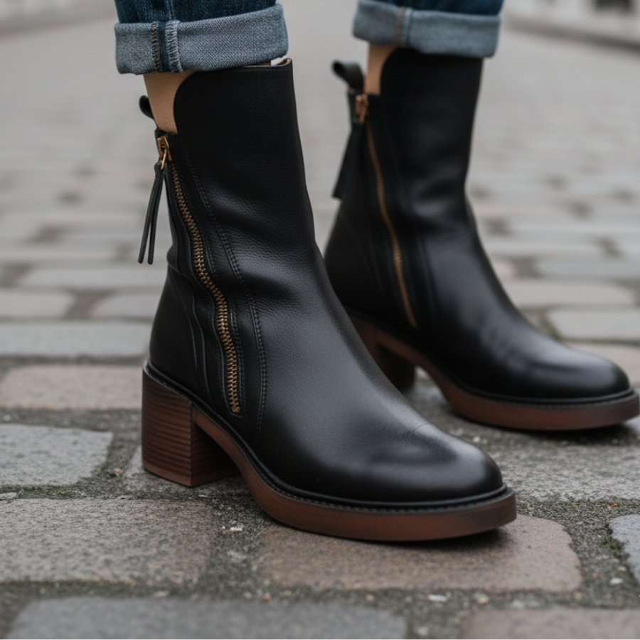 Garciel™ | Black leather ankle boots with comfort heel