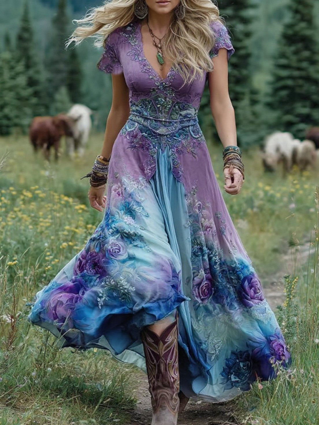 Ava&Claire | Classy Gradient Purple Lavender And Floral Printed Short Maxi Dress