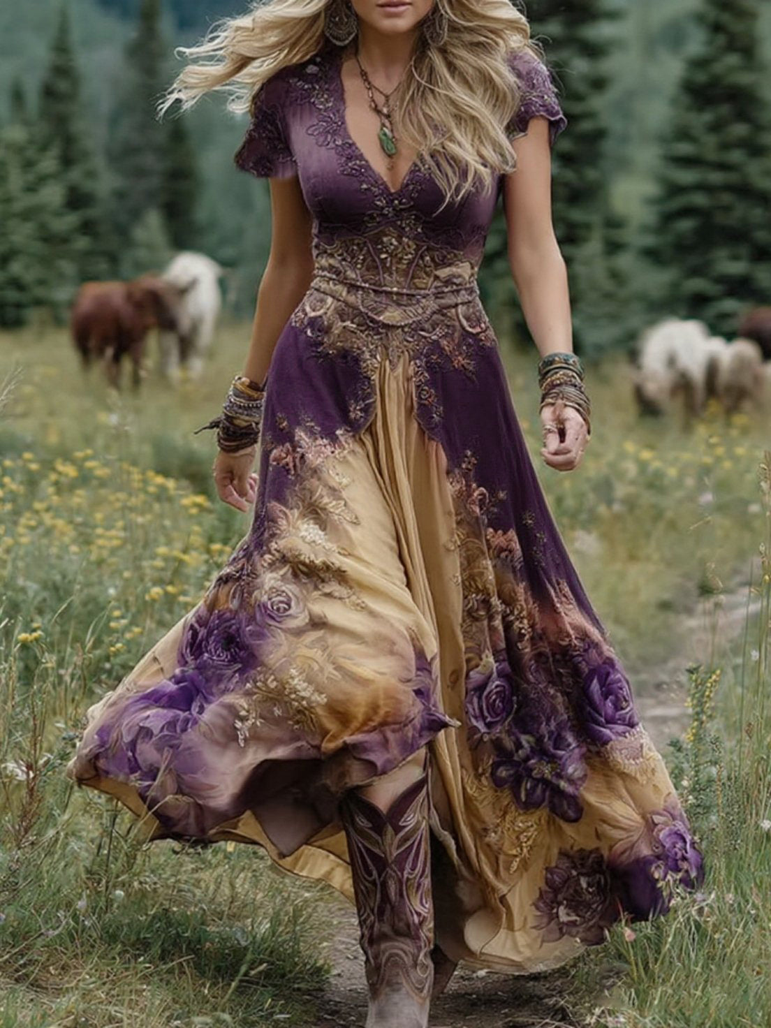 Ava&Claire | Classy Gradient Purple Lavender And Floral Printed Short Maxi Dress
