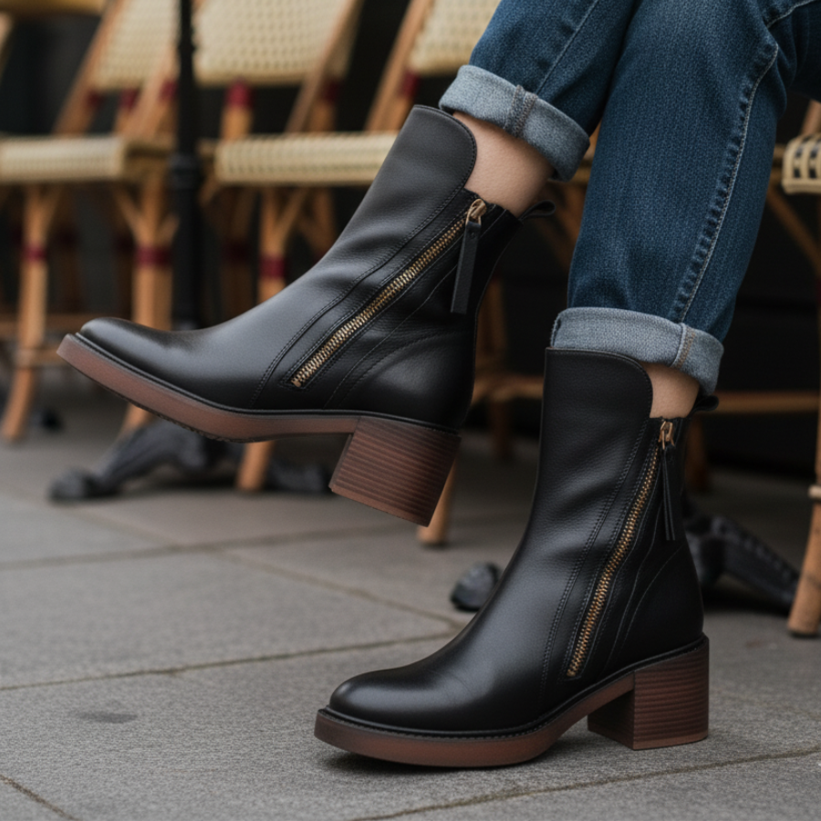 Garciel™ | Black leather ankle boots with comfort heel