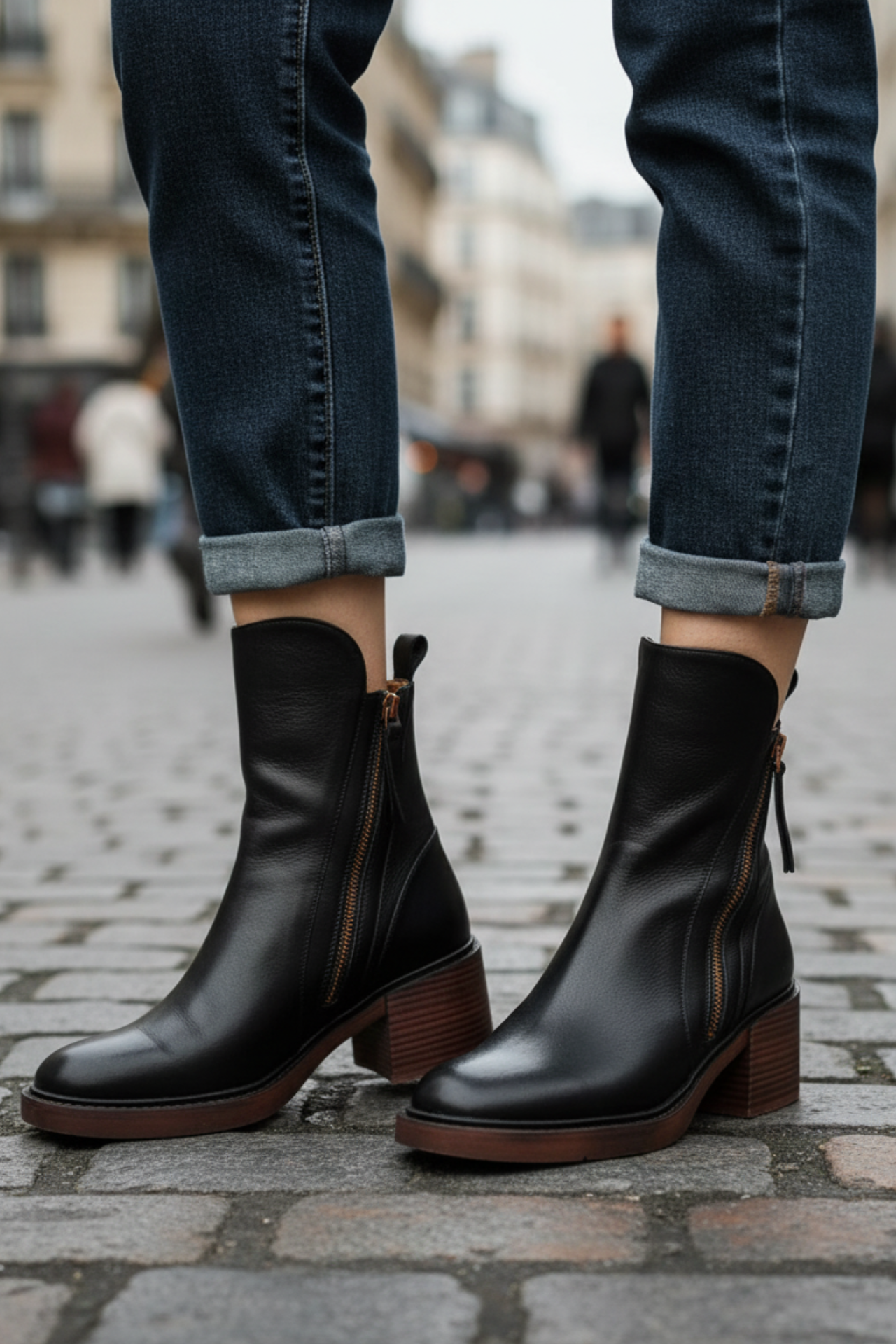 Garciel™ | Black leather ankle boots with comfort heel