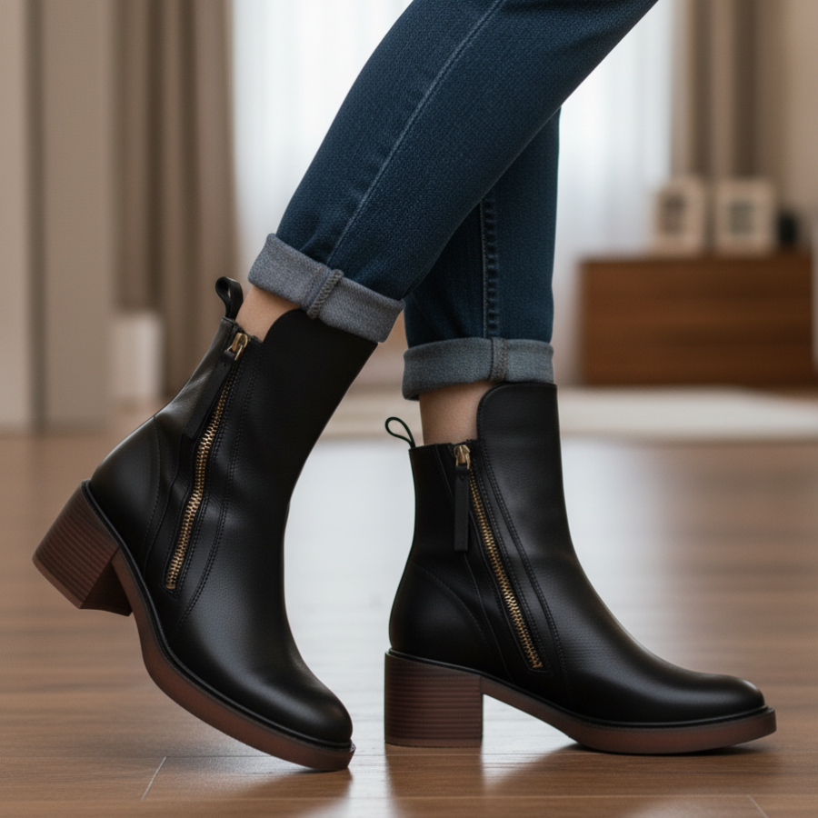 Garciel™ | Black leather ankle boots with comfort heel