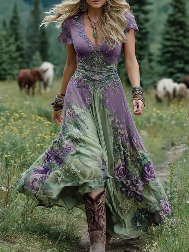 Ava&Claire | Classy Gradient Purple Lavender And Floral Printed Short Maxi Dress